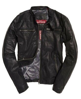 Superdry | REAL HERO | Leather Biker Jacket | Black | Large | UK40 EU50 ...