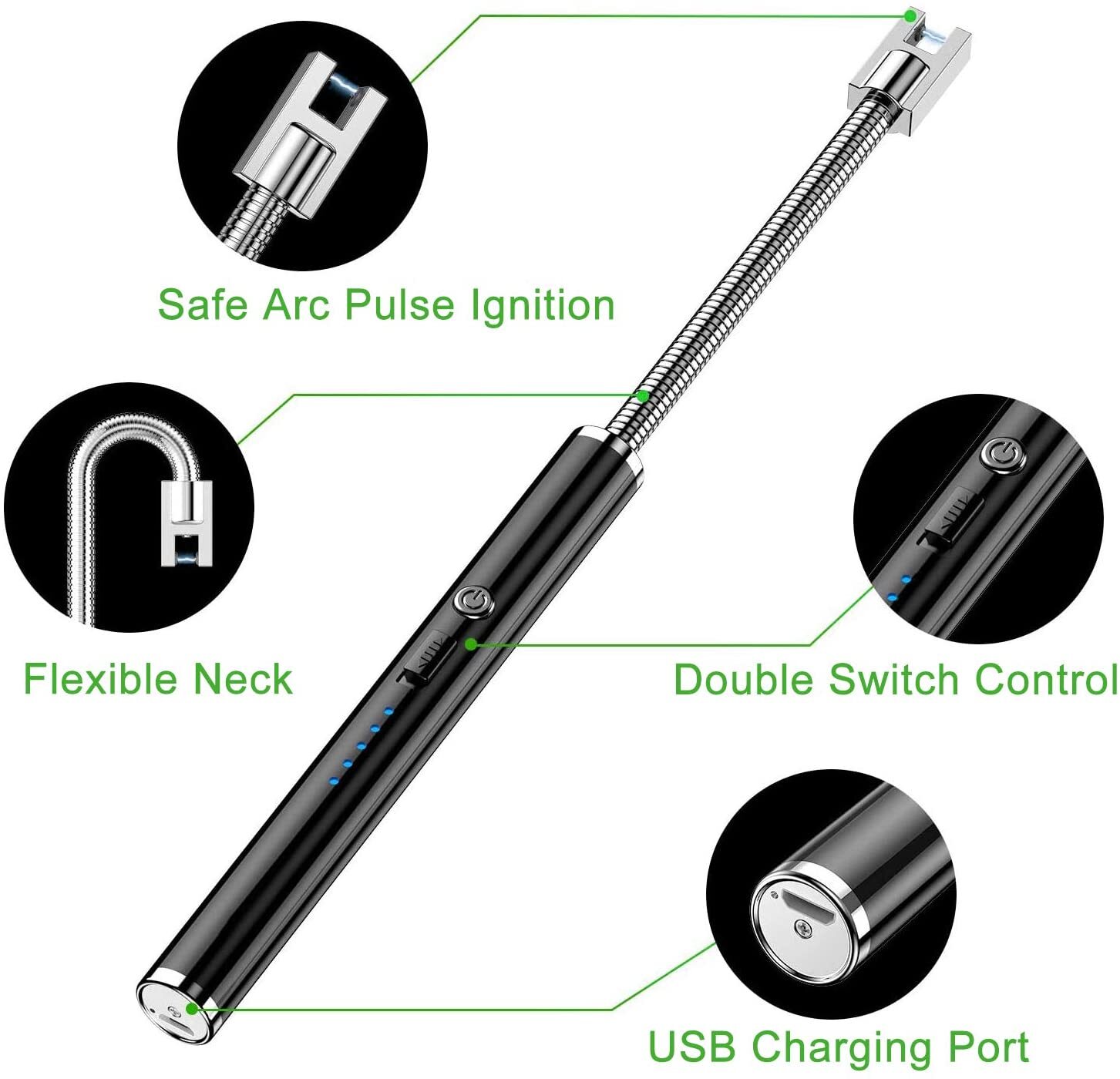 USB Rechargeable Electric Arc Long Neck Windproof Lighter Candle Lighters BBQ