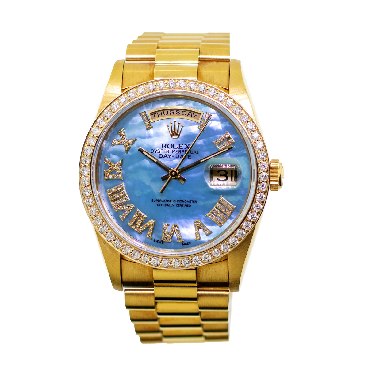 Rolex Day-Date 36mm Yellow Gold Baby Blue MOP Roman Diamond Dial