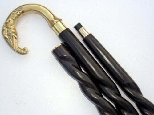 COLLECTIBLE SOLID BRASS ELEPHANT HEAD HANDLE WOOD… - image 1