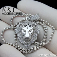 18"-30"MEN 925 STERLING SILVER 2MM MOON CUT BEADED CHAIN CZ LION PENDANT*SP185