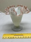 VINTAGE FENTON PINK ROSE CREST DOUBLE CRIMPED TRUMPET VASE 4 1/2” TALL