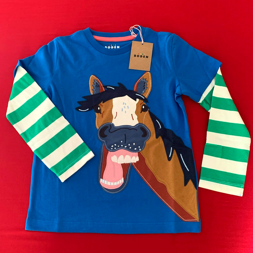 MINI BODEN Awesome "HORSE" Appliqué layered Shirt. 6-7 Years. Great Gift Idea!