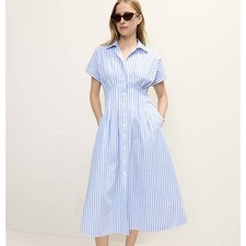 Anthropologie Maxi Shirt Dress Pleated Poplin Blue White Striped Pintuck NWT L