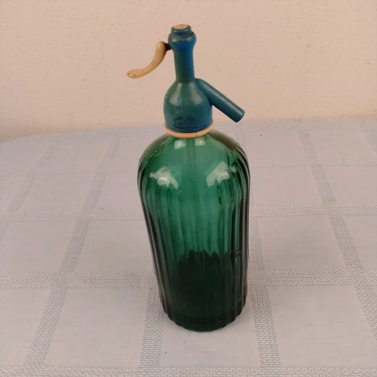 Ancien Siphon De Bar En Verre Vert Et Grillagé Années 50