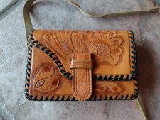 Vintage Mexican Hand Tooled Leather Brown Flower Purse