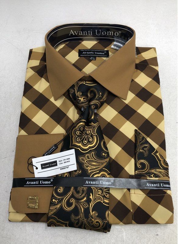 Avanti Uomo Men's Brown Checkered Dress Shirt Tie Paisley Set NWT 16.5 34/35