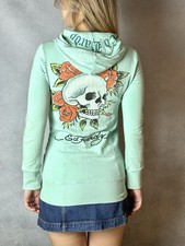 Vintage Ed Hardy Zip Hoodie Skull Made In USA Turquoise Floral Women's Size XS
