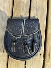 Black Leather Replica New Celtic Knot Sporran with Chain  Pin