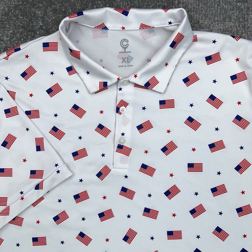 CADDY CART Golf Polo Shirt Men’s XL White Performance Stars & Stripes USA Flag