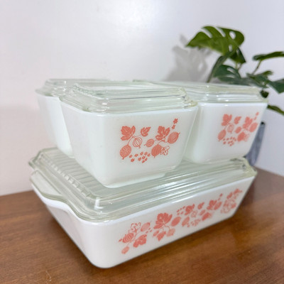 Vintage Pink Gooseberry Pyrex Refrigerator Dish Set with Lids 501, 502, 503 8 PC