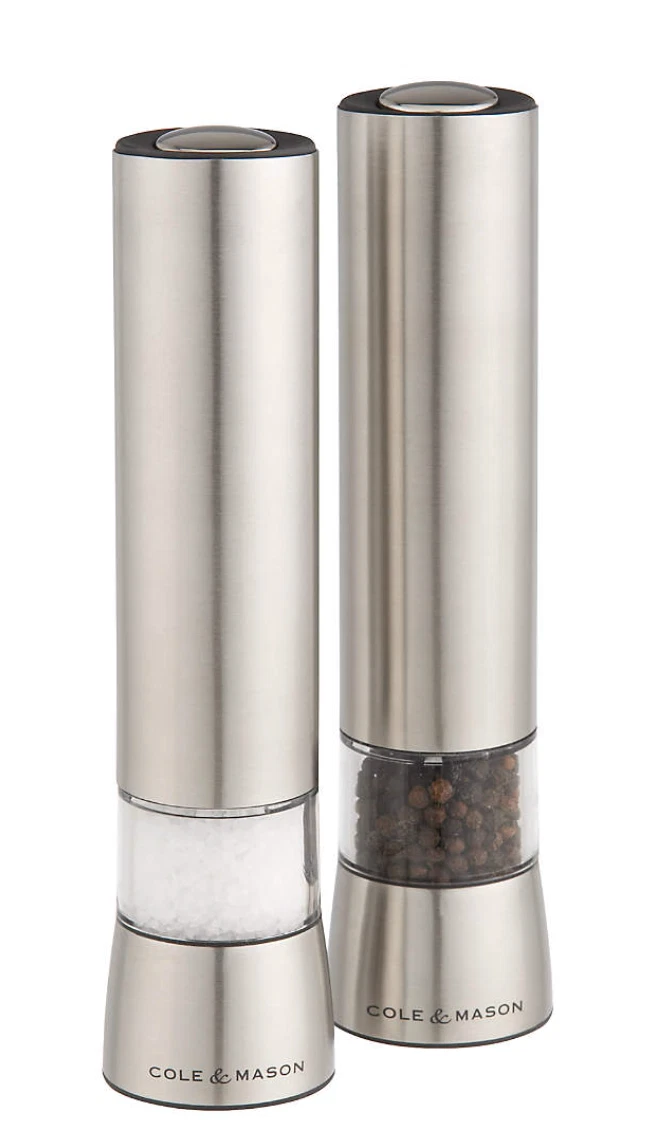 COLE & MASON Hampstead Stainless Steel 8.5" Electronic Salt/Pepper Mill Set $150