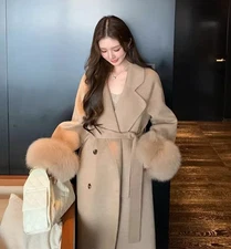 Luxury Women 100% Wool Trench Coat Winter New Cashmere Warm Real Fur Cuffs Coat