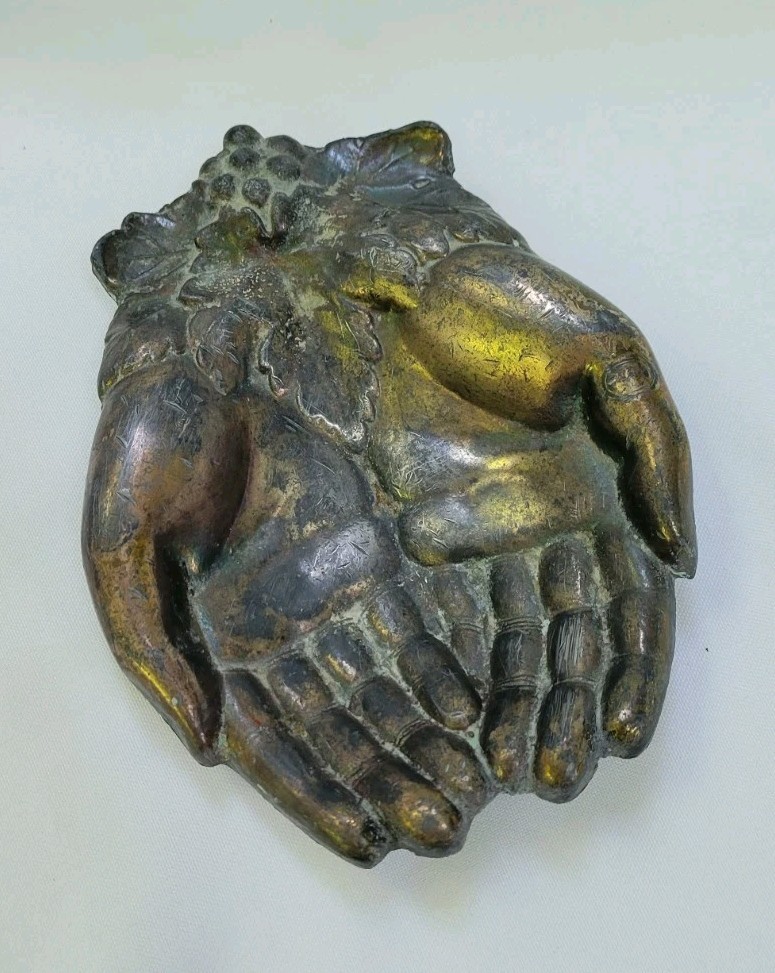 Antique Victorian cast brass hands calling card receiver