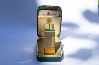 Rare Dunhill Rollagas Malachite Cabochon Lighter w/ Box Vintage