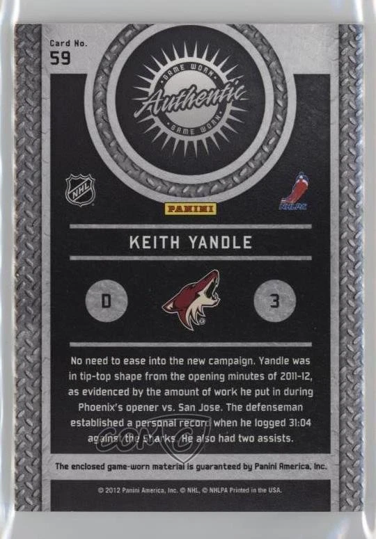 2011-12 Panini Titanium Game-Worn Gear Patch /25 Keith Yandle #59 Patch - Image 2 of 2