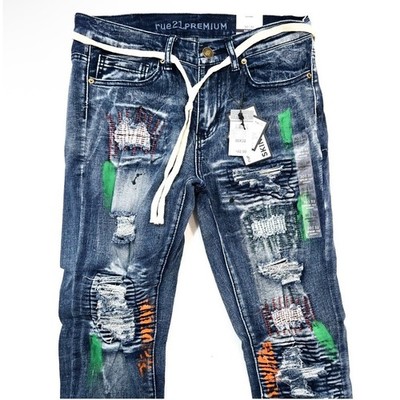 Rue 21 Premium Men's Jeans Blue Design Patch Distressed Skinny Fit Denim 26x30