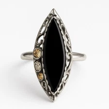 Emmons 70s Adjustable Silvertone Filigree Marquise Onyx Statement Ring 5.75-7