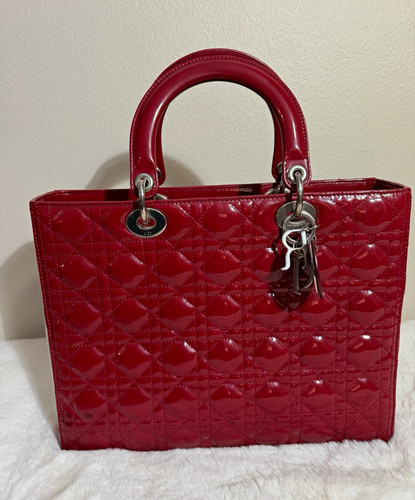 Christian Lady Dior Burgundy Large Patent Cannage Quilted Top Handle Bag / Charm
