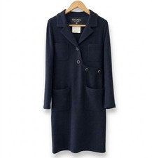 Vintage CHANEL 90s Navy Wool Asymmetric Button Dress Coat FR 38 / US 6