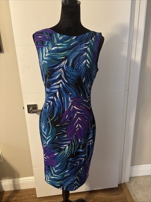CACHE- Sleeveless Tropical Leaf Print Dress SzL Blue/ Purple