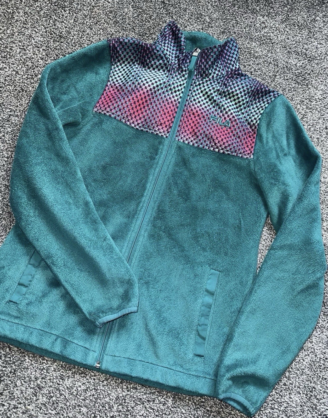 Giacca in pile sportiva vintage da donna Fila taglia XS verde acqua con accenti fucsia (7)