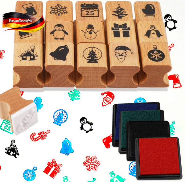 Howaf 16Pcs HöLzern Stempel FüR Kinder Jungen Basteln Mit Stempelkissen 4Pcs, Di-image