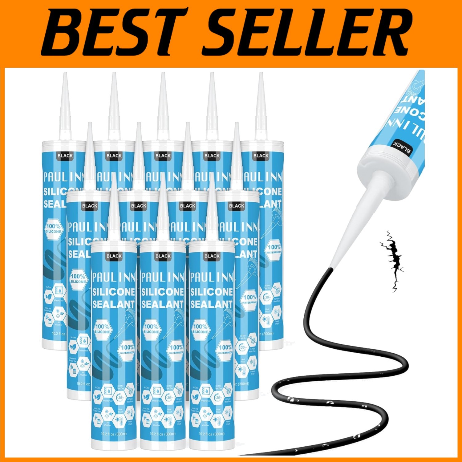 12-Pack Black Silicone Caulk - Weatherproof Sealant