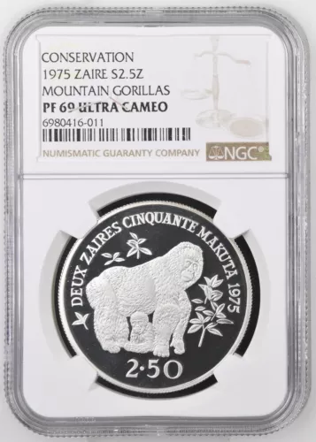 1975 ZAIRE SILVER 2.5 ZAIRES MOUNTAIN GORILLAS - NGC PF 69 ULTRA CAMEO