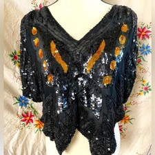 Vintage 70s 80s Black Copper Sequin Crop Top