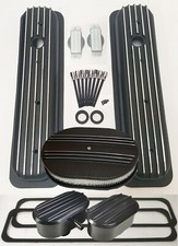 Black Sbc Chevy Finned 87-up Tall Center Bolt Valve Cover Engine Dress Up Kit