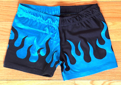 Men s Pro Wrestling Biker Shorts Black/Blue w/ Flames Sz S 30 32 Spandex