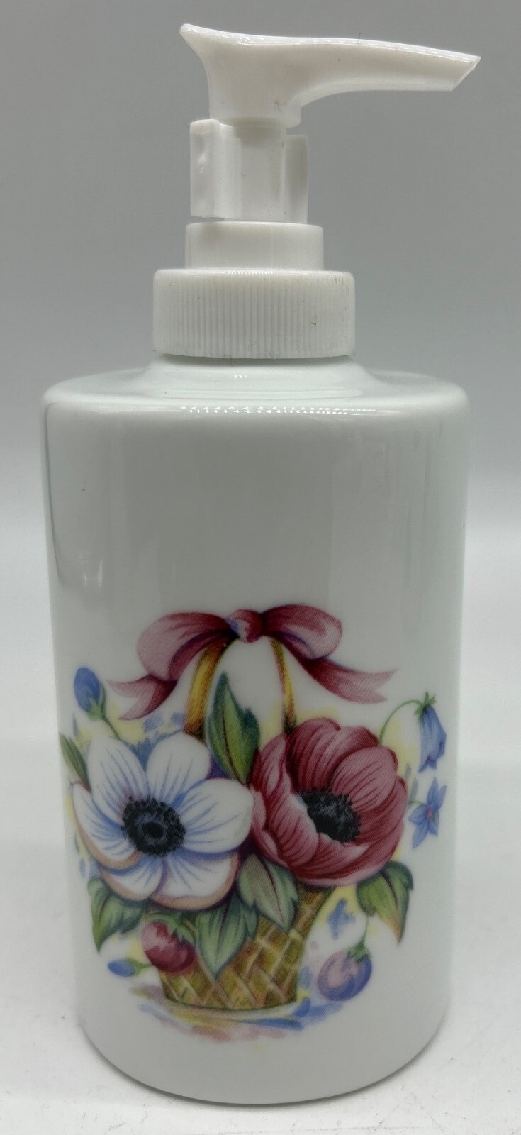 Soap Dispenser - White Porcelain decorated w/ Floral Basket - Imported-image
