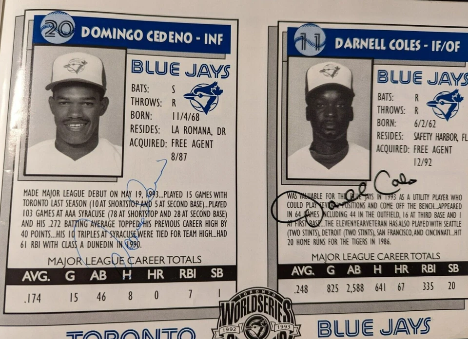 BLUE JAYS 1994 PROGRAM SIGNED BY 8 PLAYERS ALOMAR, GREEN, TIMLIN, HENTGEN 4 MORE - Image 3 of 4
