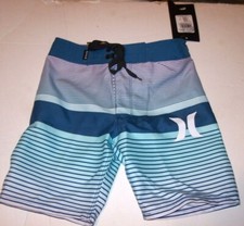 NEW Hurley sz 4 teal blue stripe boys youth swim board shorts swimsuit