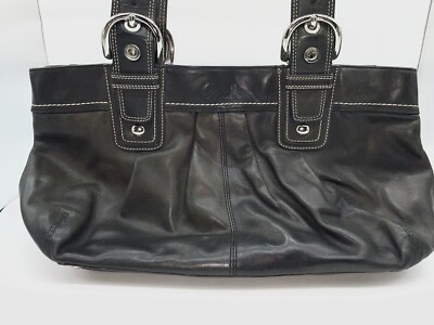 バッグ COACH Vintage Leather Black Shoulder Bag vintage coach black leather shoulder bag With White Stitching (See
