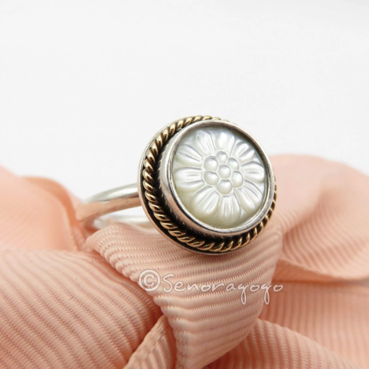 PANDORA Silver 14k Gold Rope Mother Of Pearl Daisy Signet Ring
