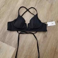 NWT Shade Shore Black Ribbed Underwire Bikini Top Size 32C