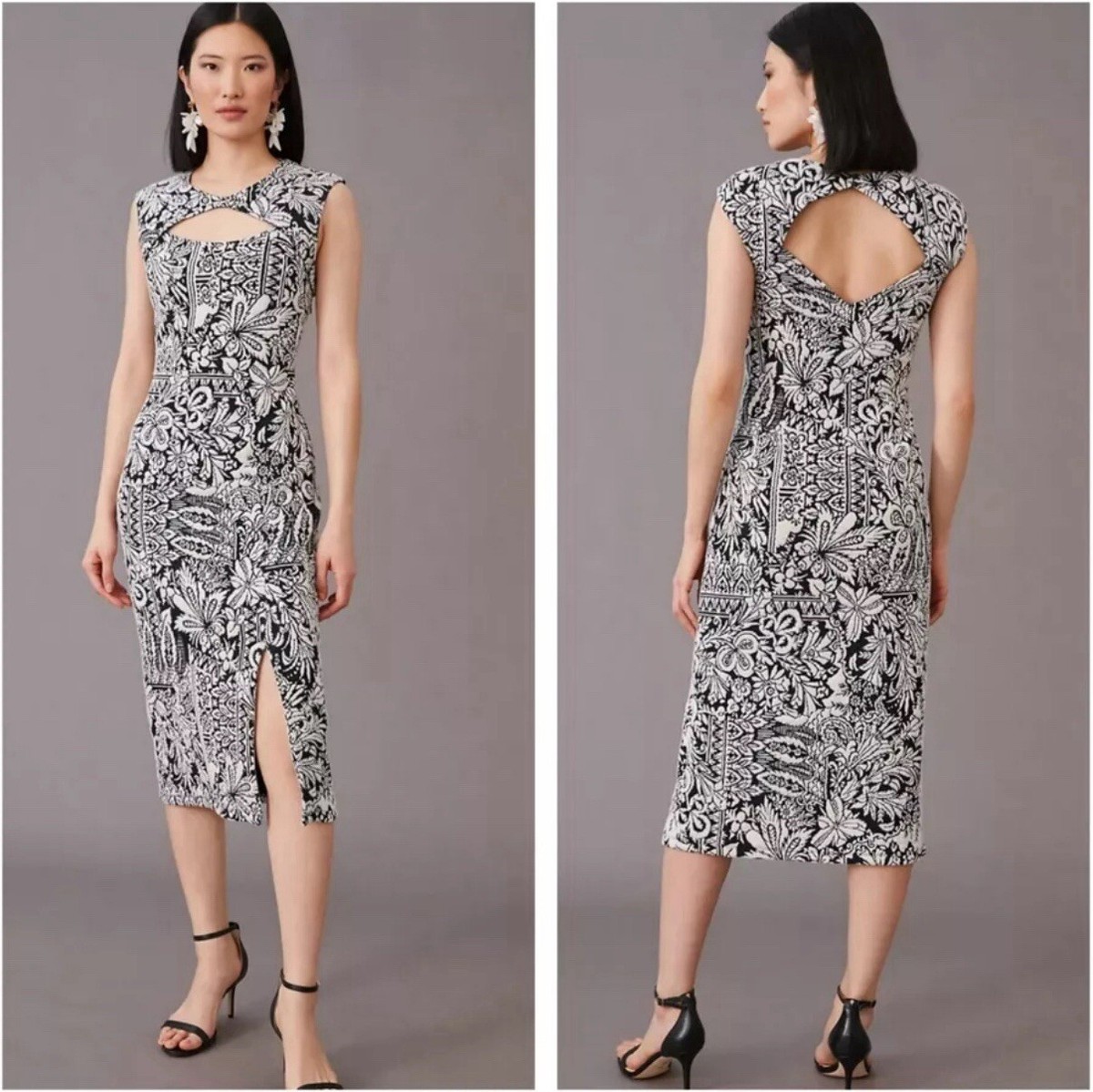 Anthropologie Jacquard Women Cut-Out Midi Dress Size M Medium Black White  Strech | eBay