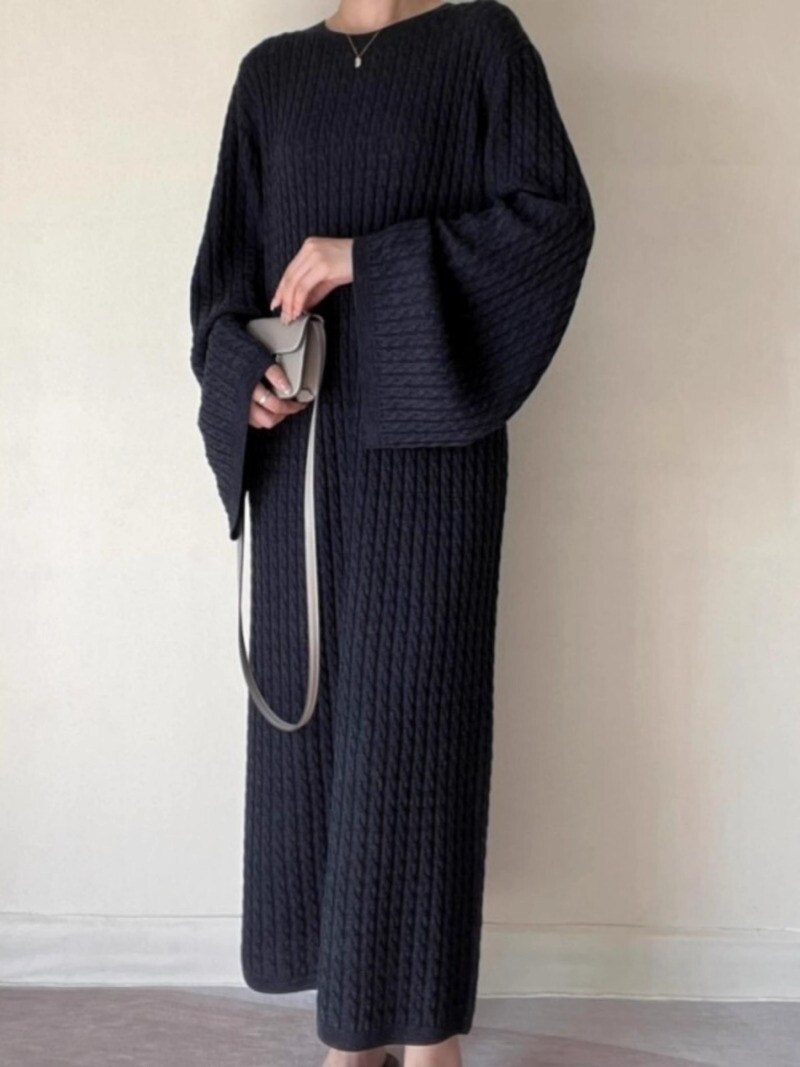SS25【TOTEME】Long Dress in RWS Wool Melange with Cable Knit Totême LONG DRESS IN RWS WOOL GRAY MÉLANGE WITH CABLE KNIT