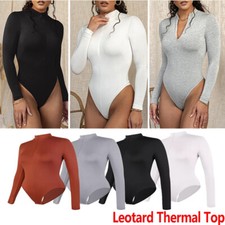 Long Sleeve Mock Turtle Neck Zip Up Bodysuits for Women Ribbed Deep V Sexy Top