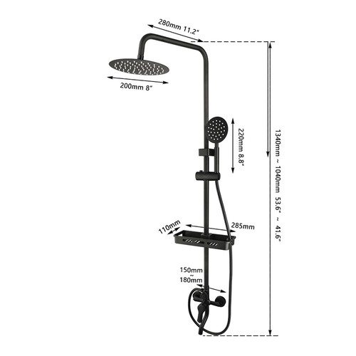 Black 8"Bathroom Shower Faucet Set Valve Mixer Hand Sprayer Wall Mount Tap+Shelf - Picture 2 of 12