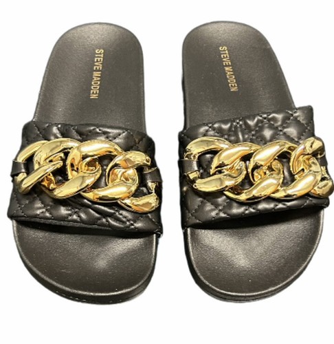 Steve Madden Zoray Quilted Black Slides with Gold Chain accent New Size 7 |  eBay