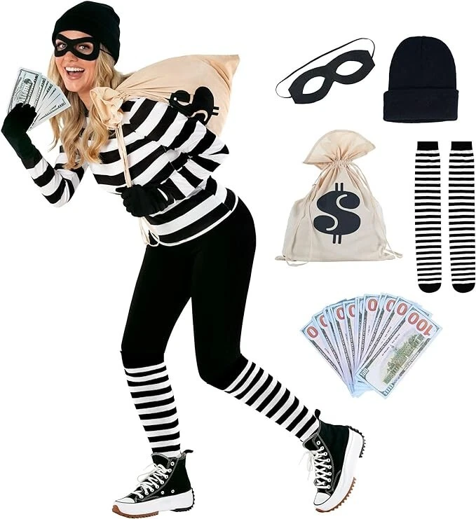 Women`s Burglar Costume Adult Ladies` Bank Robber Convict Outfit Halloween S-2XL