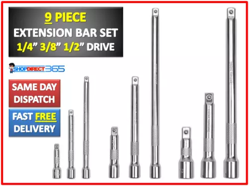 9pc Socket Bar Extension Set 1/4" 3/8" 1/2" Inch Drive Long Garage Tool UK 23-57