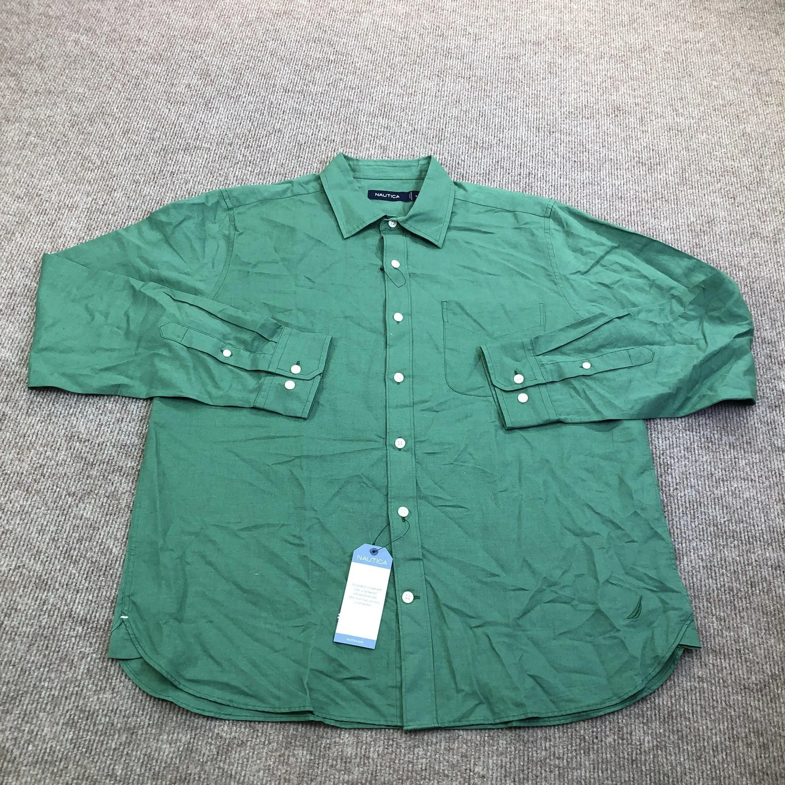 Nautica Shirt Mens Medium Green Linen Long Sleeve Button Up Chest Pocket
