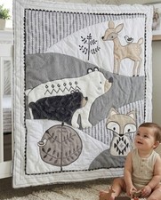 Levtex Baby Quilt Woodland Animal Theme Embroidered Blanket Neutrals 45"x36" EUC