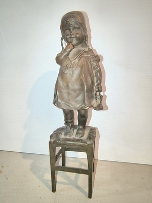 Antique Bronze Statue Girl Standing on Stool Art Nouveau Signed Juan Clara 12 