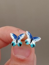 Vtg Sterling Silver Blue Enamel Butterfly Stud Earrings