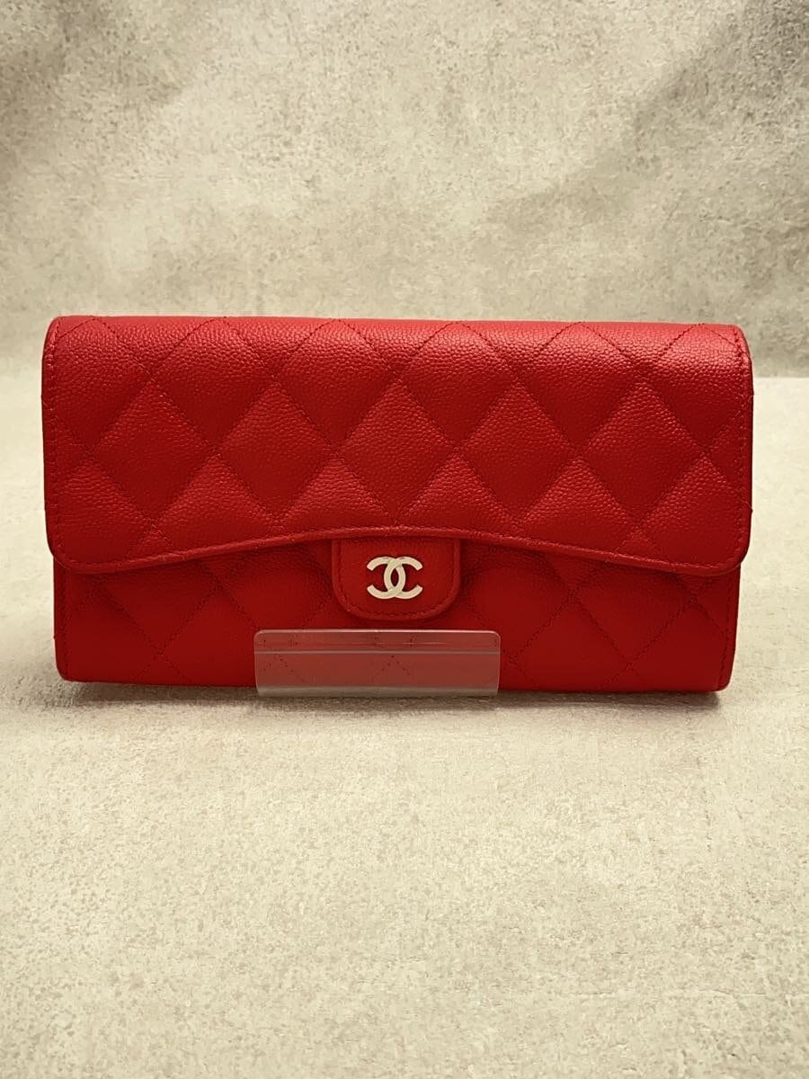 CHANEL Red Caviar Leather Long Flap Wallet Matelassé Pre-Owned Excellent Condition  